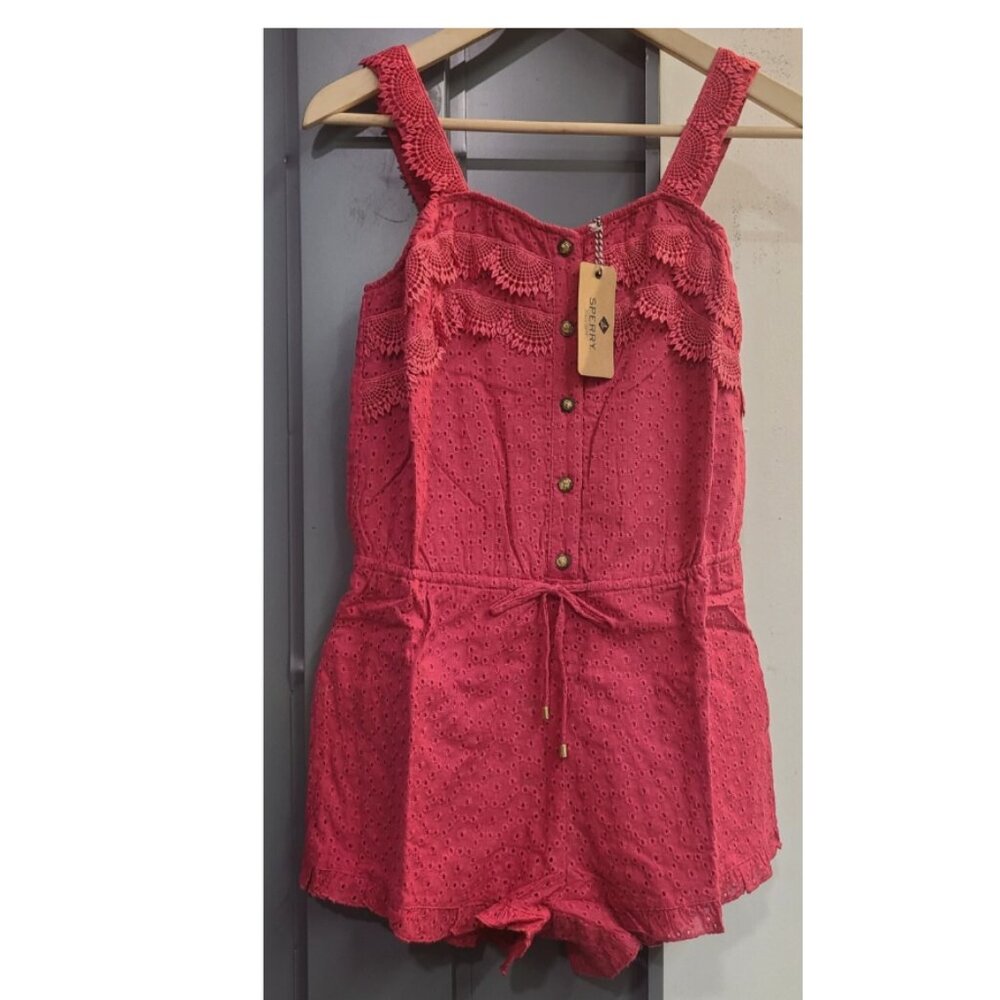 Sperry Women’s Button Down Eyelet Lace Romper Red Ruffle (P92BD26)